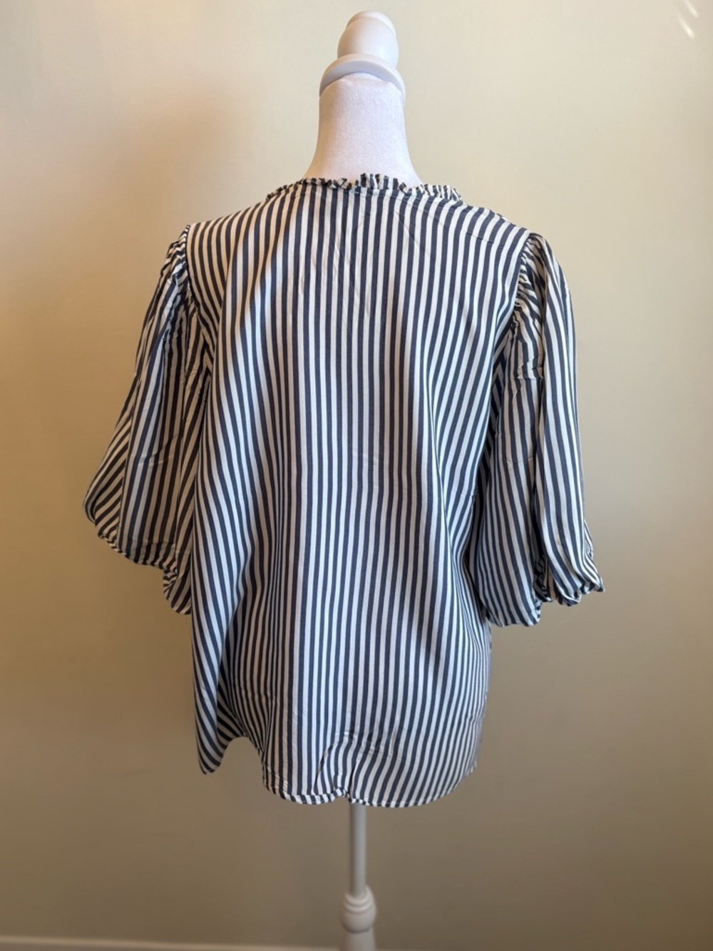 Ann Taylor Factory Blue White Striped Balloon Puff Sleeve Blouse XL Petite - Picture 3 of 10